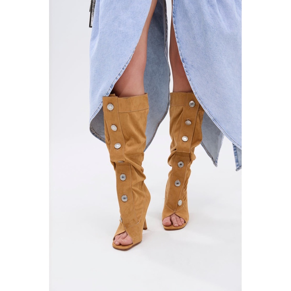 Azalea Wang Tan Kazuki Mid Calf High Boots Button Detail Open Toe Statement Heel